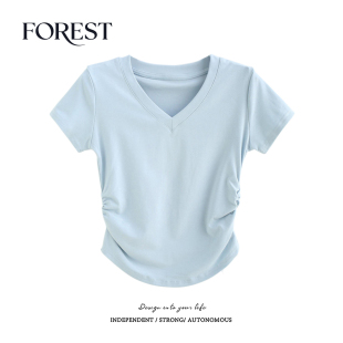 夏装 V领T恤女上衣打底衫 新款 收褶弧形短袖 BM风短款 拾野森