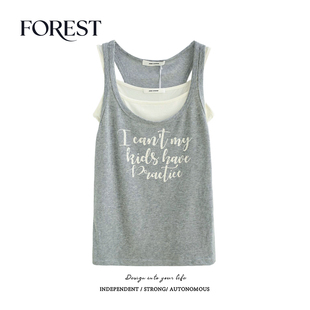 拾野森 夏装新款纯欲甜辣假两件字母印花吊带背心U领工字背心