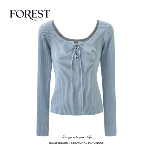 美式 新款 复古辣妹短款 假两件系绳U领长袖 上衣 拾野森 针织衫 秋装