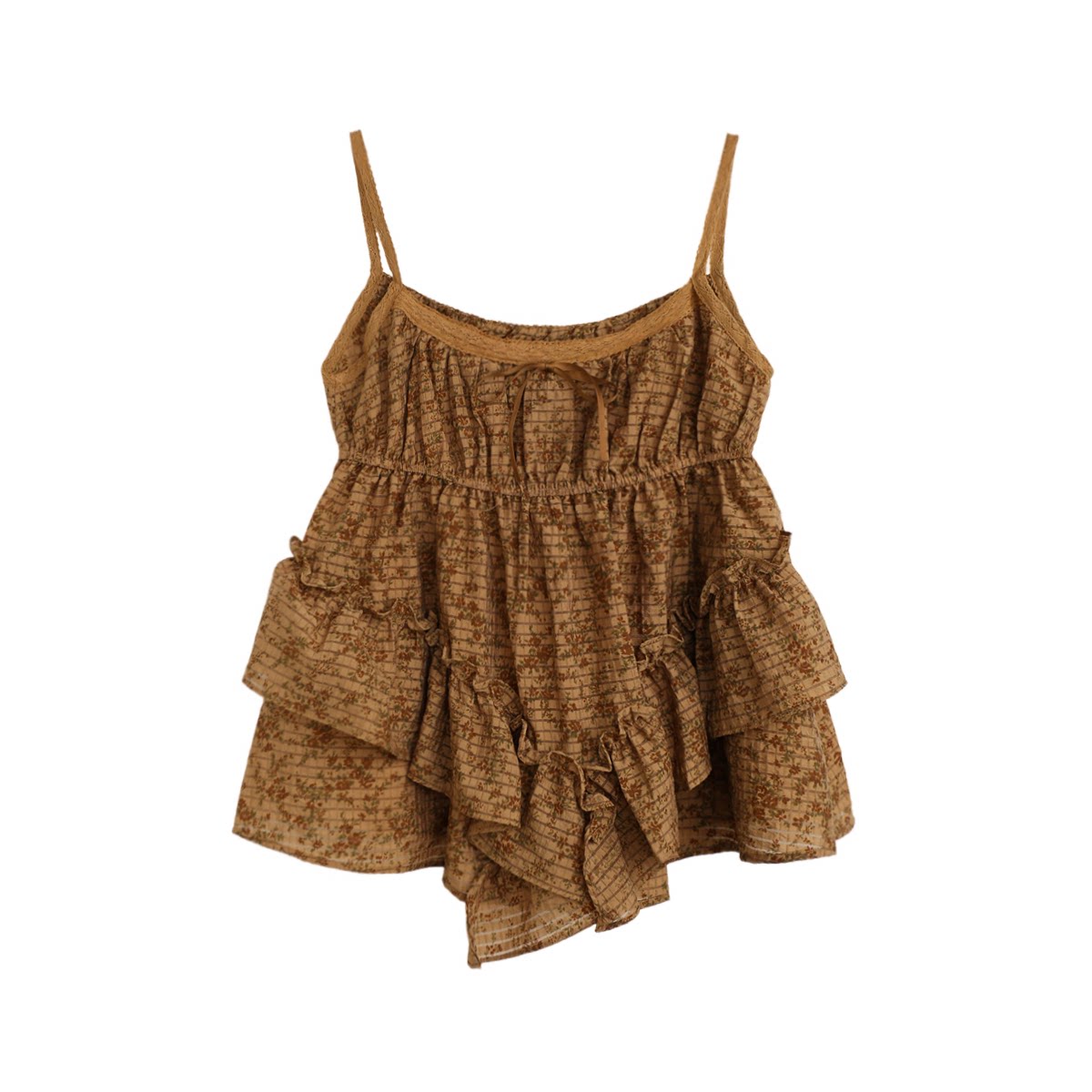 拾野森 夏装新款田园风短款格子碎花荷叶边木耳边吊带背心上衣女