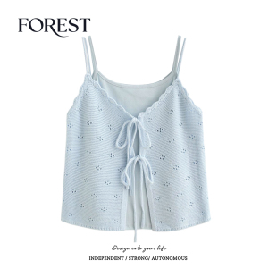 纯欲甜辣度假风短款 新款 镂空花边系绳吊带背心两件套 夏装 拾野森