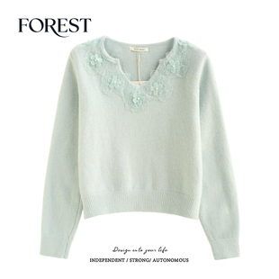 拾野森 冬装新款韩系短款蕾丝珍珠花朵V领长袖套头毛衣上衣