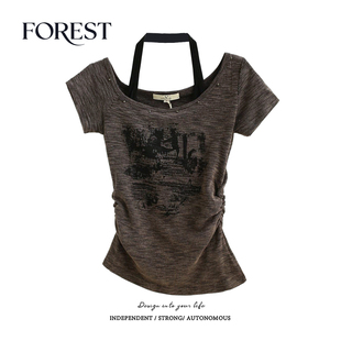 夏装 收褶印花挂脖斜领短袖 新款 复古辣妹短款 T恤女上衣 美式 拾野森