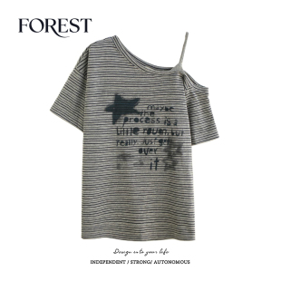 复古辣妹宽松条纹印花吊带斜领短袖 拾野森 美式 新款 T恤女上衣 夏装