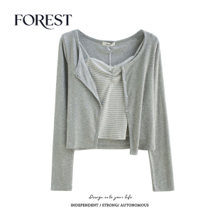 春装 开衫 新款 纯欲条纹蕾丝花边吊带背心长袖 两件套 短款 拾野森