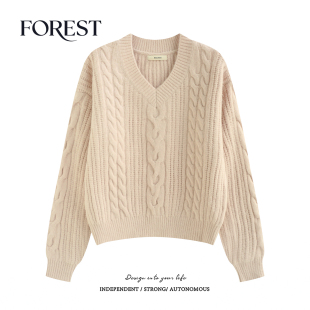 清仓 麻花长袖 2件5折 松温柔慵懒风短款 V领套头毛衣 不退不换