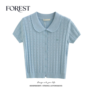 纯欲甜辣短款 新款 镂空花边娃娃领短袖 针织衫 拾野森 上衣开衫 夏装