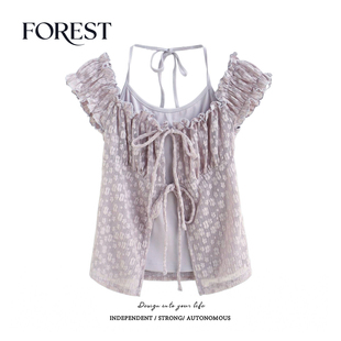 假两件蕾丝蝴蝶结挂脖短袖 拾野森 纯欲甜辣短款 新款 T恤上衣 夏装