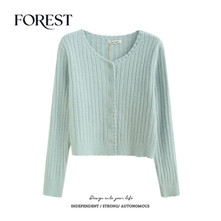 拾野森秋装新款韩系温柔短款镂空手钩花边圆领针织衫上衣毛衣开衫