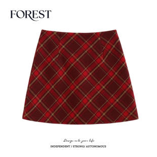 不退不换 2件5折 高腰毛呢格子半身裙A字裙短裙有安全裤 清仓