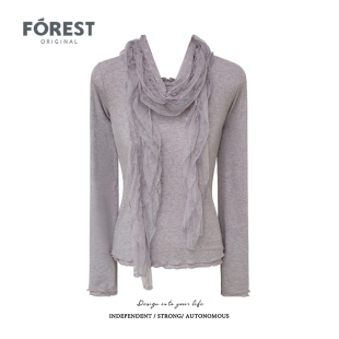 T恤女上衣打底衫 拾野森 早古风花朵网纱围脖木耳边长袖 新款 秋装