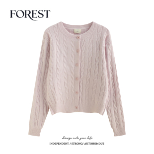 秋冬新款 毛衣开衫 韩版 麻花圆领针织衫 外套 复古少女短款 拾野森