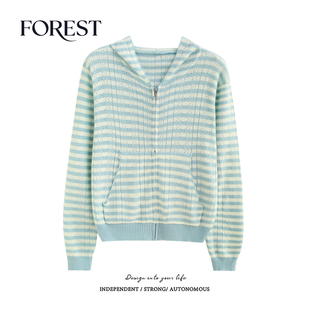 拾野森 春装新款韩系宽松条纹镂空长袖连帽针织衫开衫上衣