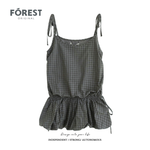 韩系宽松高腰抽绳收腰格子花苞系绳吊带背心上衣 新款 拾野森 夏装