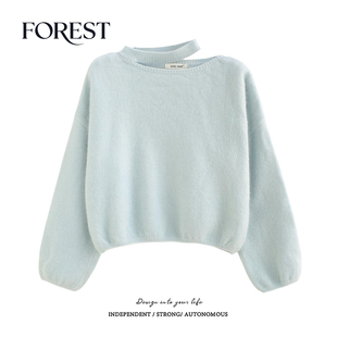 拾野森 冬装新款韩系宽松短款挂脖灯笼袖圆领长袖套头毛衣上衣