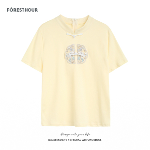 绣贴布盘扣圆领短袖 不退不换 2件5折 T恤女上衣后背拉链 清仓