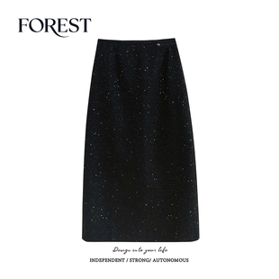 显瘦中长款 不退不换 2件5折 后开叉亮片粗毛呢半身裙长裙 清仓