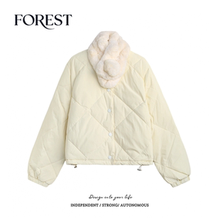 拾野森 冬装新款韩版宽松短款菱格毛领白鸭绒羽绒服外套女小个子