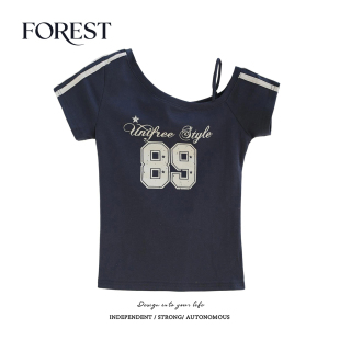 夏装 印花吊带斜领短袖 新款 复古辣妹短款 T恤女上衣 美式 拾野森