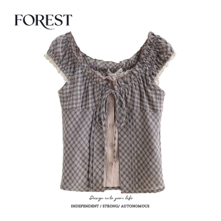 纯欲甜辣短款 新款 假两件菱格蕾丝花边系绳背心女上衣 夏装 拾野森