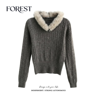 款 不退不换 2件5折 加厚麻花单排扣毛领V领套头毛衣上衣 清仓