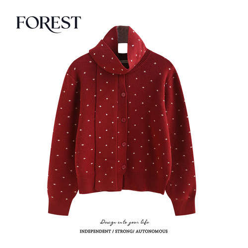 拾野森波点围脖毛衣开衫