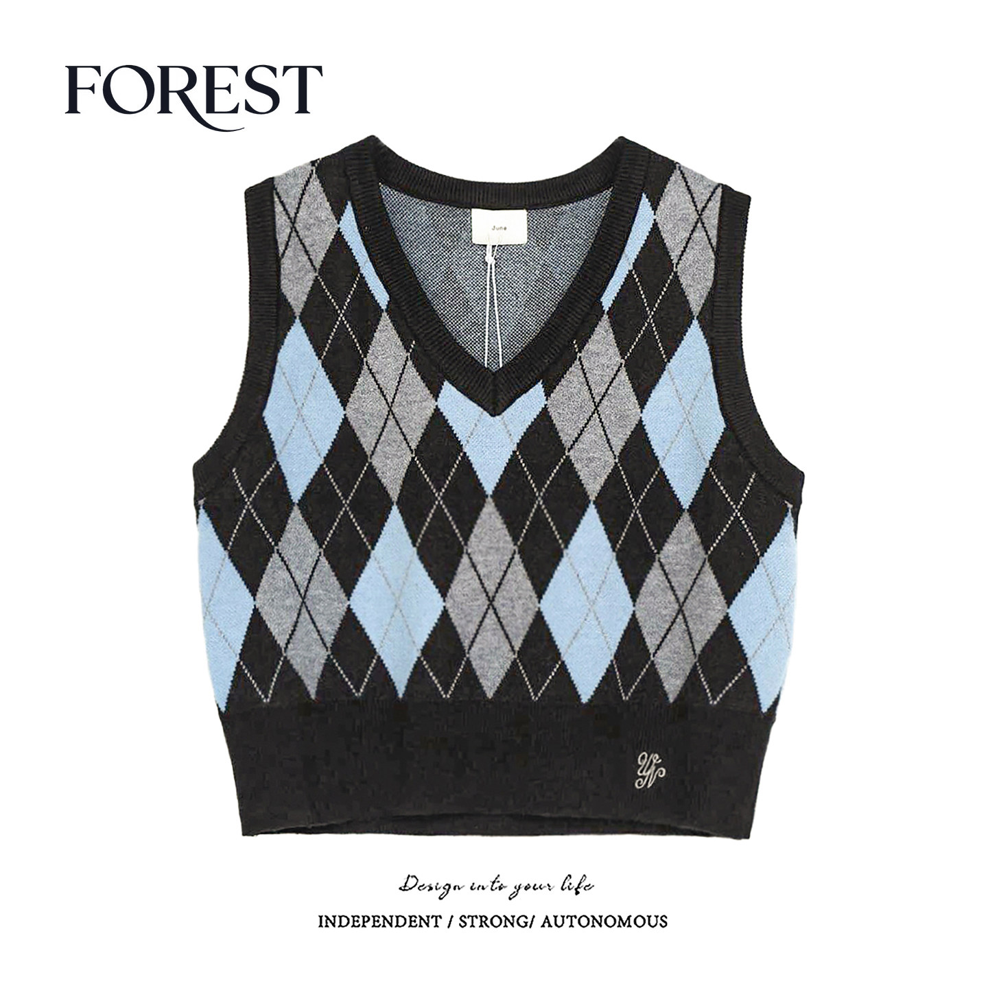 拾野森 秋冬新款韩版学院风短款菱格刺绣V领针织背心外搭马夹