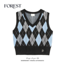 学院风短款 韩版 菱格刺绣V领针织背心外搭马夹 秋冬新款 拾野森