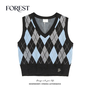 学院风短款 韩版 菱格刺绣V领针织背心外搭马夹 秋冬新款 拾野森