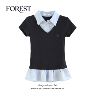 V领衬衫 拾野森 韩系学院风假两件荷叶边刺绣短款 新款 女上衣 夏装