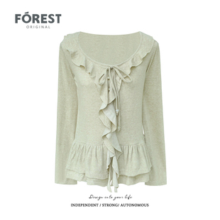 设计感荷叶边裙摆系绳长袖 不退不换 2件5折 圆领上衣T恤 清仓