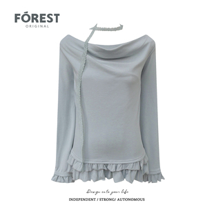 设计感木耳边荡领蕾丝围脖长袖 不退不换 2件5折 上衣T恤 清仓