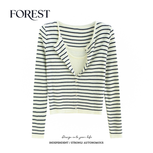 韩系短款 新款 吊带背心长袖 条纹针织衫 两件套 拾野森 开衫 春装