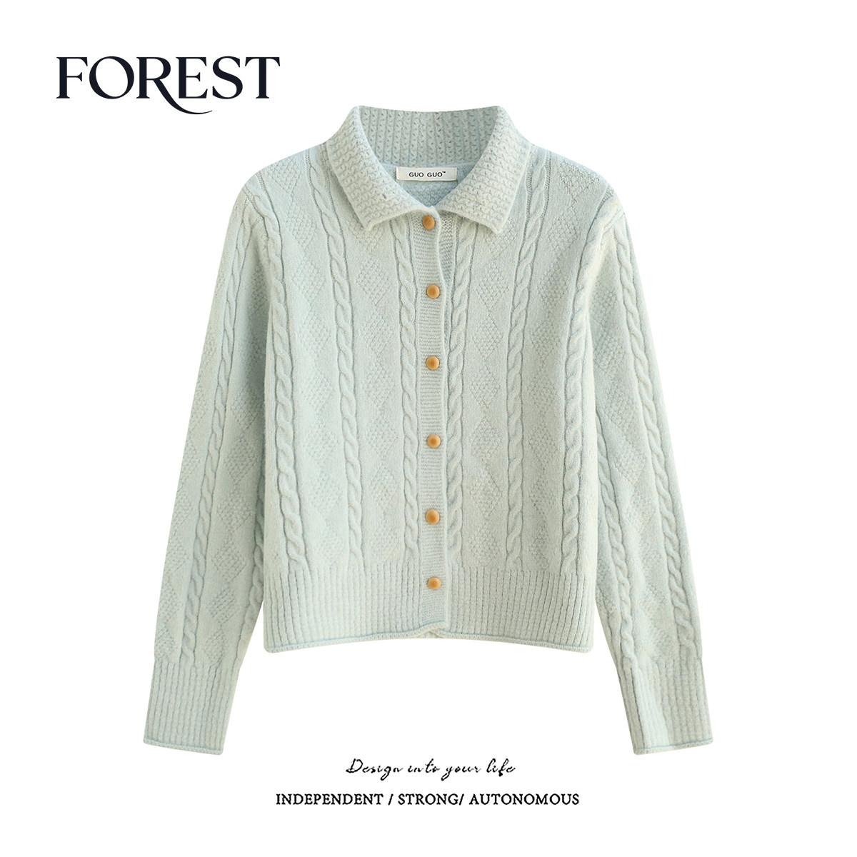 拾野森冬装新款韩版温柔短款卷边麻花木扣半高领长袖毛衣开衫外套