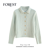 毛衣开衫 拾野森冬装 外套 温柔短款 卷边麻花木扣半高领长袖 新款 韩版