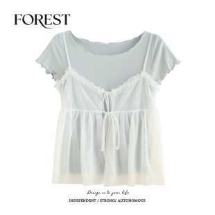 韩系木耳边系绳网纱吊带背心短袖 新款 T恤上衣两件套 夏装 拾野森