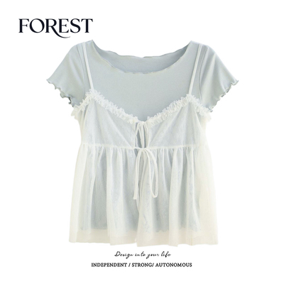 拾野森吊带网纱背心T恤两件套