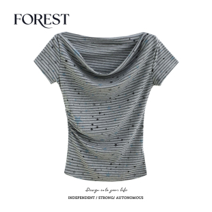 夏装 收褶条纹星星荡领短袖 新款 复古辣妹短款 T恤女上衣 美式 拾野森