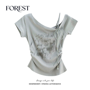 夏装 收褶印花吊带系绳短袖 新款 复古辣妹短款 T恤女上衣 美式 拾野森