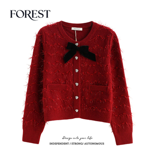 拾野森 冬装新款韩系短款亮丝蝴蝶结爱心扣长袖圆领毛衣开衫外套