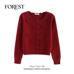 拾野森冬装新款韩版温柔短款手钩花边雪花圆领长袖毛衣开衫两件套