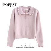 冬装 新款 韩系学院风少女短款 拾野森 木耳边翻领长袖 套头毛衣上衣