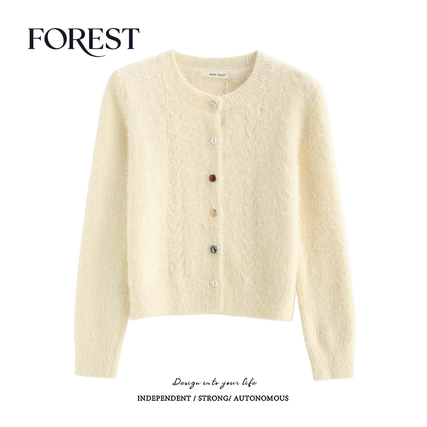 拾野森 冬装新款韩版短款水貂毛麻花特色扣长袖圆领毛衣开衫外套