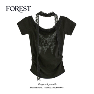 拾野森 夏装新款纯欲甜辣短款收褶印花蕾丝花边围脖短袖T恤女上衣