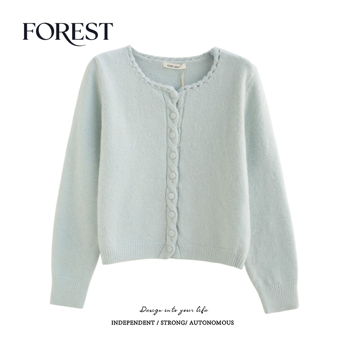 拾野森 冬装新款韩系短款麻花单排扣手钩花边长袖毛衣开衫外套