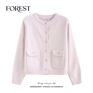 圆领毛衣开衫 拾野森 韩系加厚花边口袋长袖 新款 外套 冬装