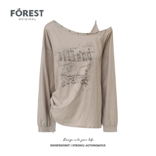 复古辣妹宽松抽绳吊带印花钉珠长袖 拾野森 美式 新款 斜领上衣 春装