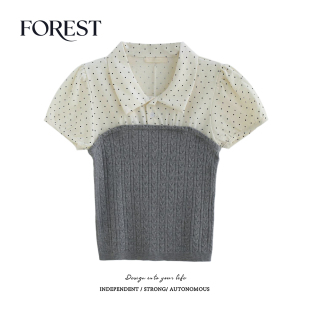 夏装 衬衫 新款 麻花针织拼接波点泡泡袖 女上衣 甜美少女短款 拾野森