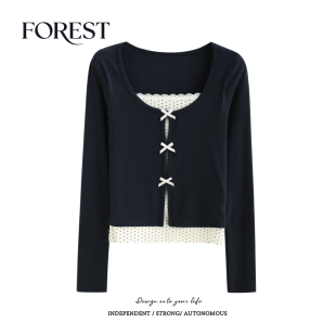 假两件波点蕾丝蝴蝶结长袖 拾野森 纯欲甜辣短款 新款 T恤女上衣 春装