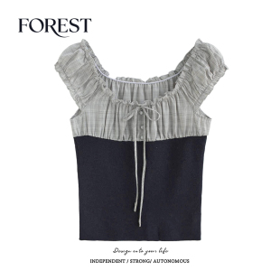 针织拼接格子一字领短袖 拾野森 纯欲甜辣短款 新款 上衣小个子 夏装